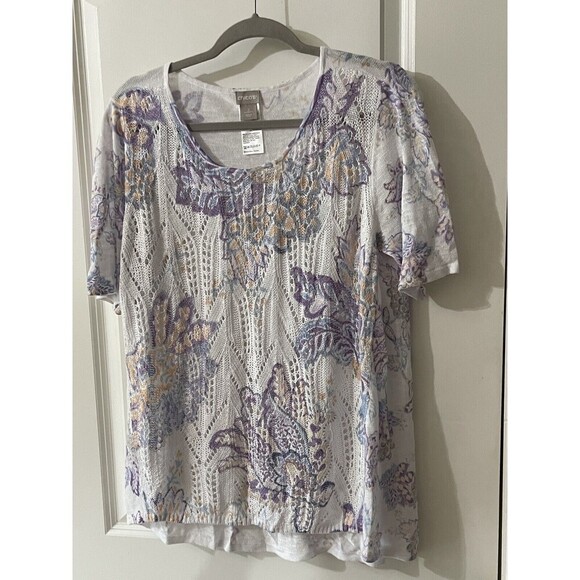 Chicos Women’s Size Large Floral Printed Pointelle-Stitch Open Knit Sweater - Picture 4 of 12